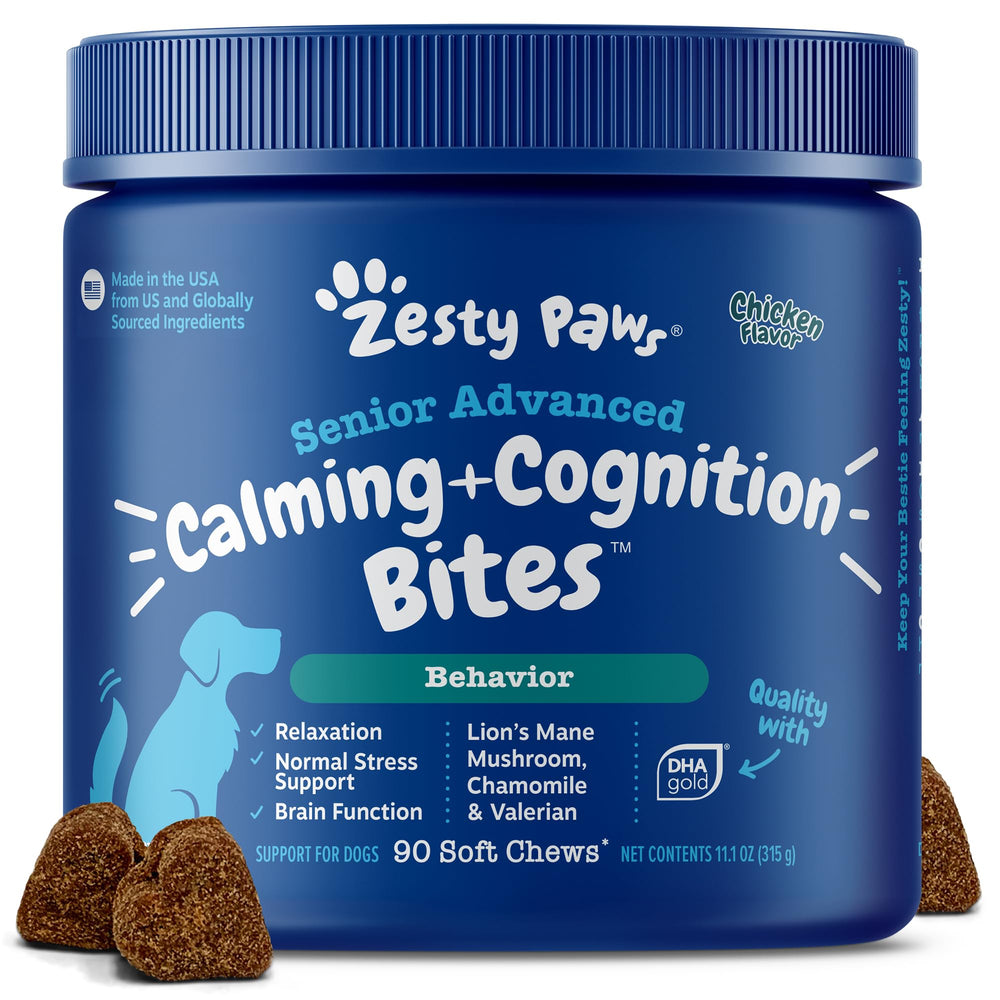 Zesty Paws Senior Advanced Calming bottle view supports stress relief on the go