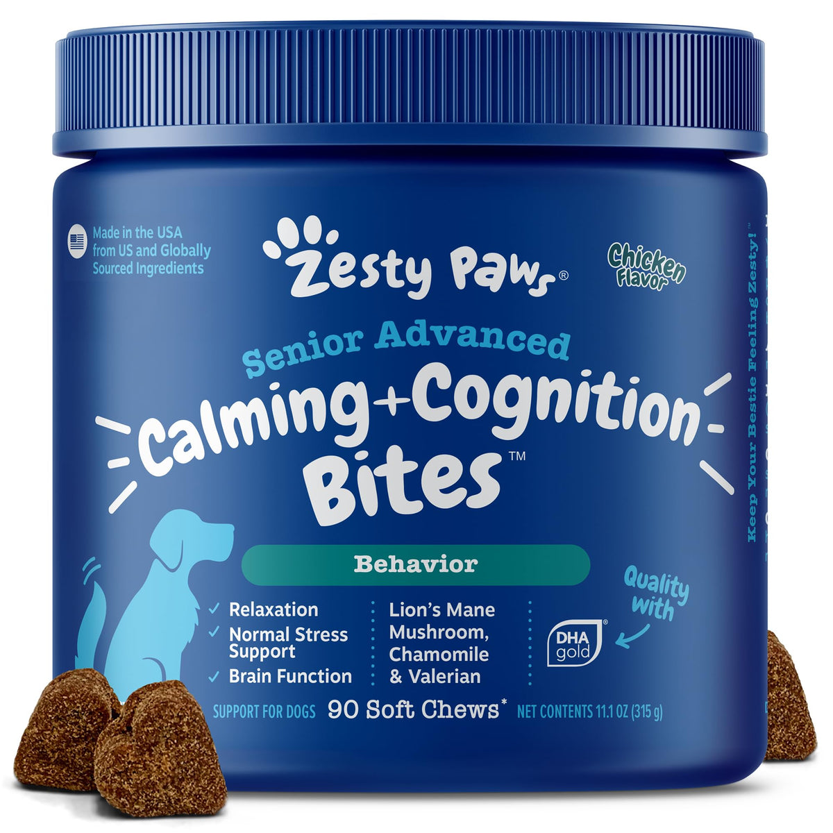 Zesty Paws Senior Advanced Calming bottle view supports stress relief on the go