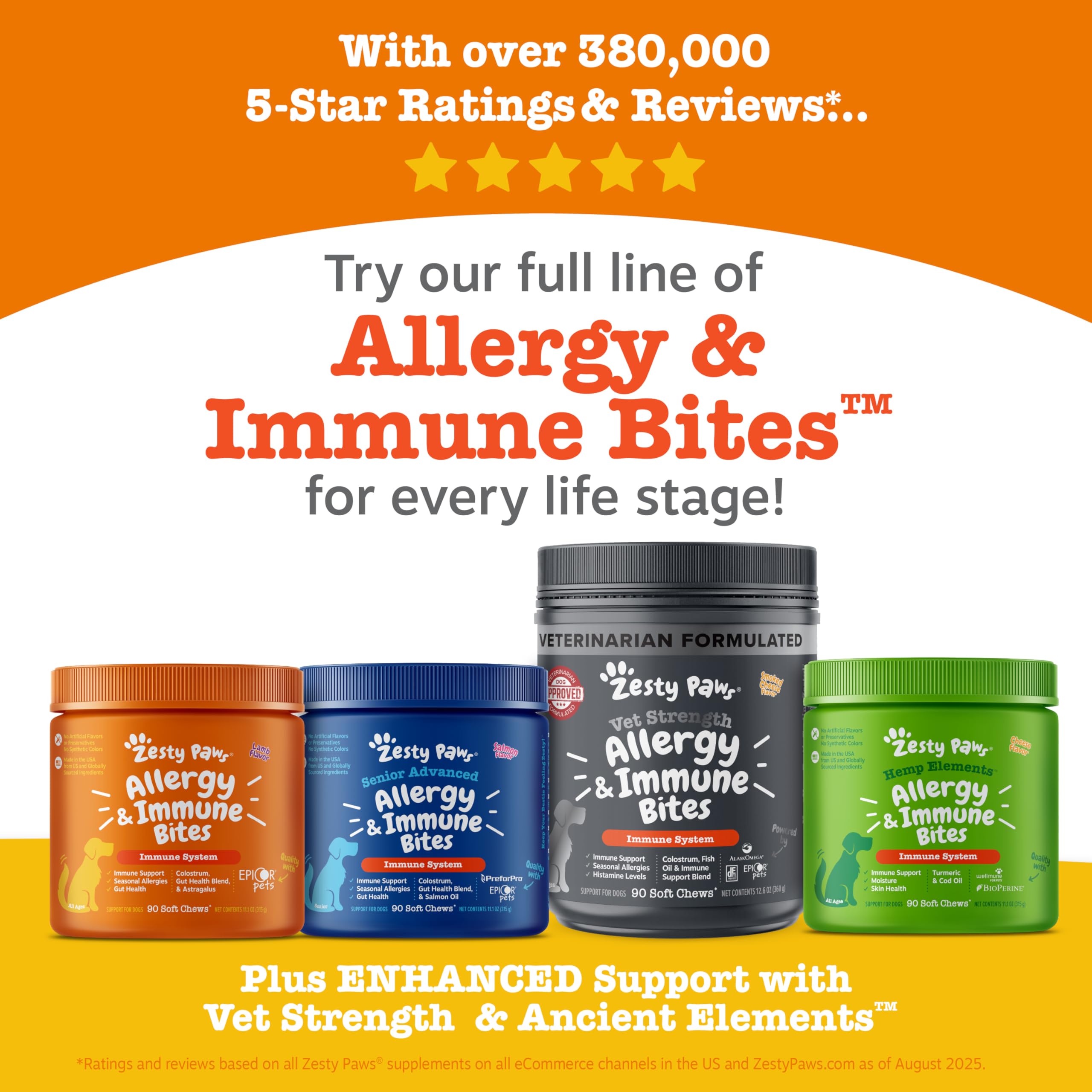Senior dog allergy relief bottle from Zesty Paws signaling ongoing skin and immune support.