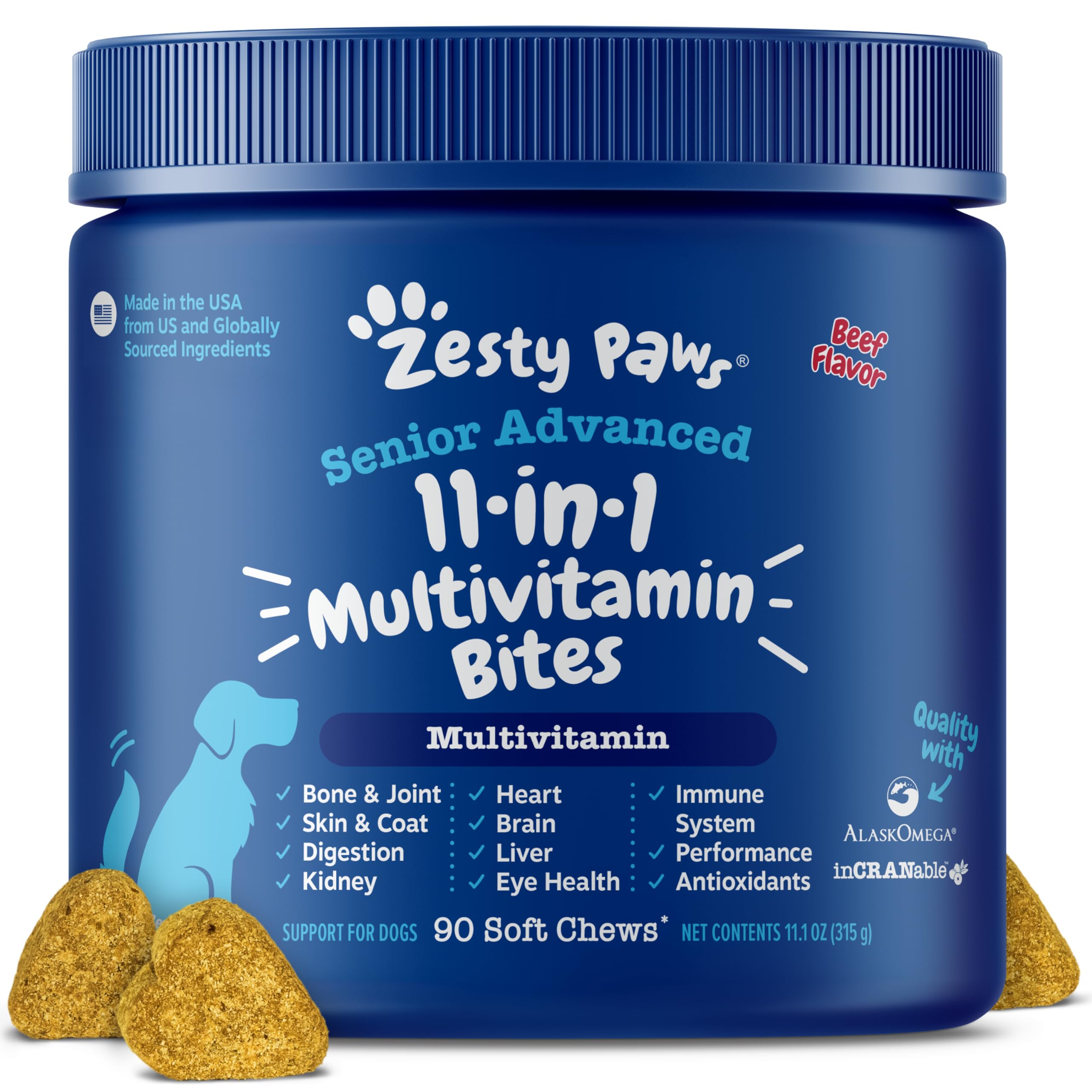 Zesty Paws Senior Dog Multivitamin bottle shows beef-flavored chews for daily support