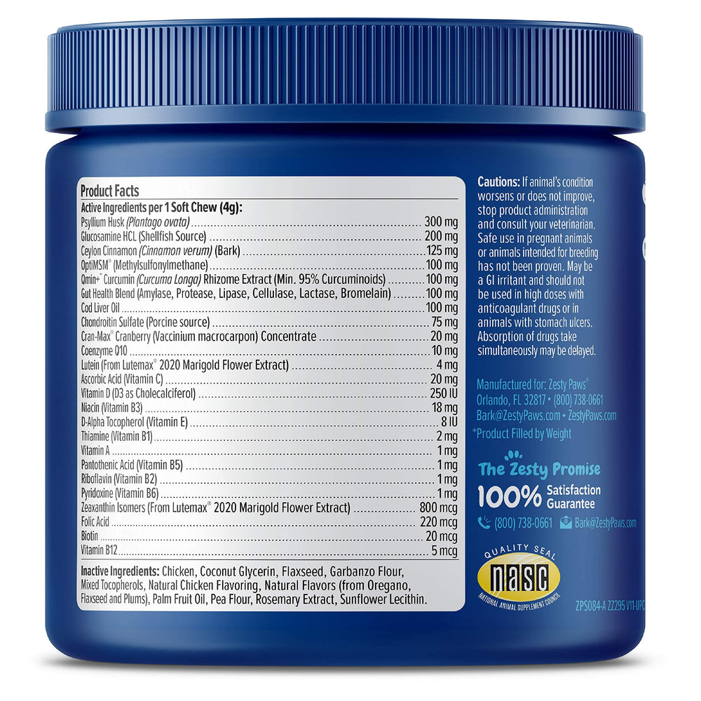 CoQ10 and Lutemax 2020 ingredients featured for heart health in Zesty Paws formula
