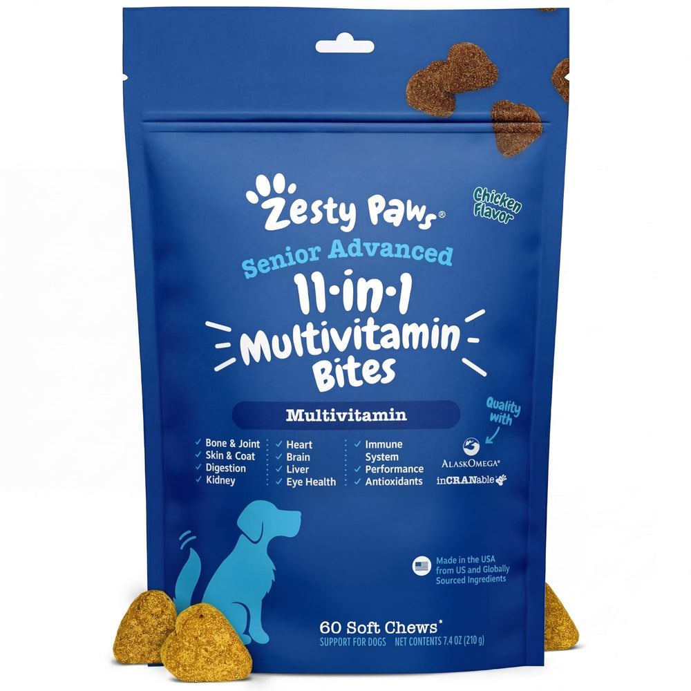 Zesty Paws senior multivitamin bottle pour aiding easy dosing.