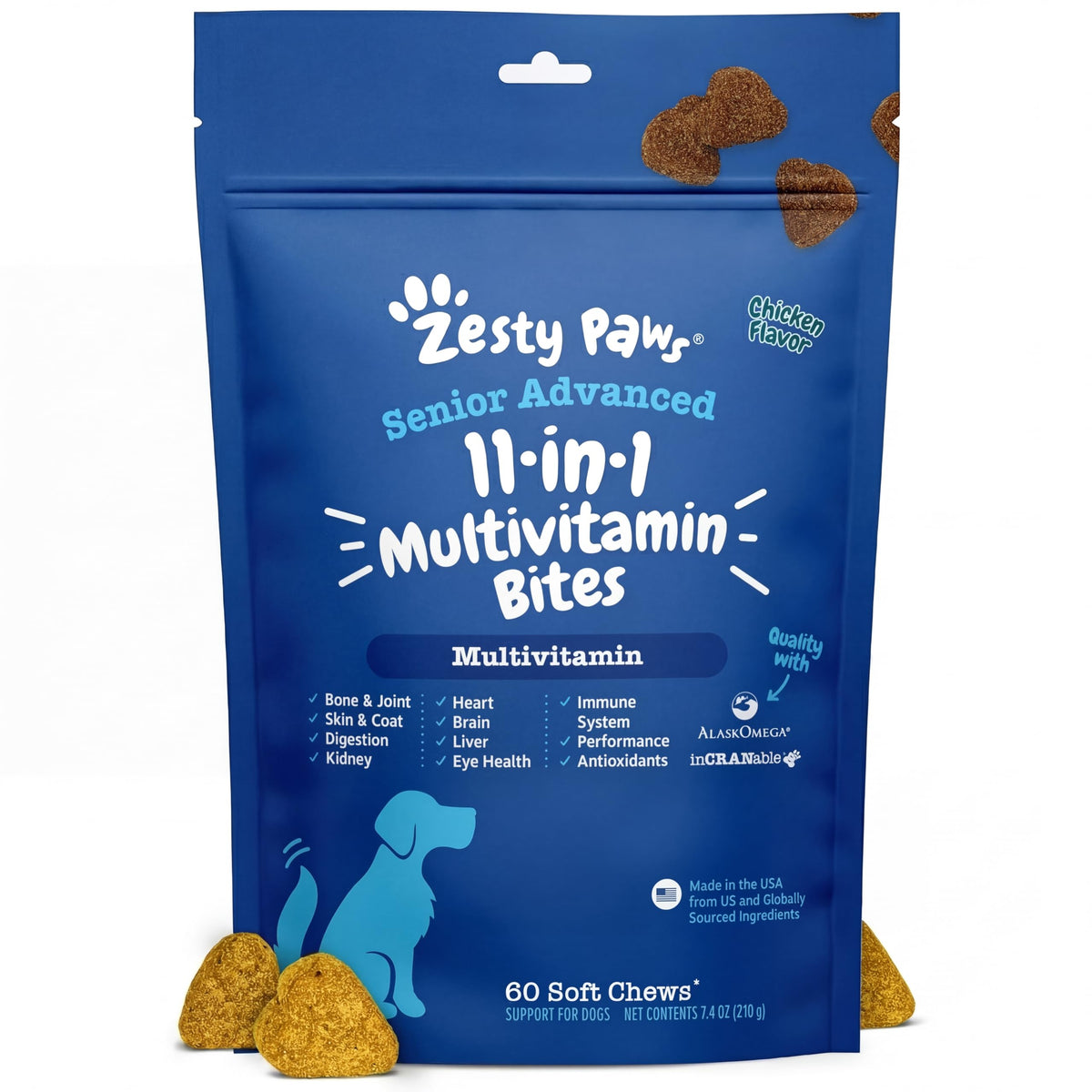 Zesty Paws senior multivitamin bottle pour aiding easy dosing.