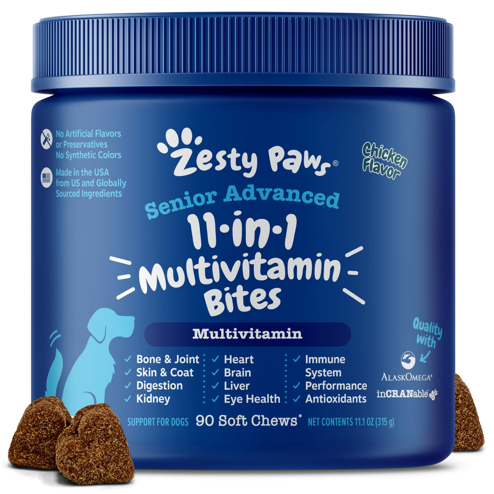 Zesty Paws Senior Dog Multivitamin bottle with chews supports joint health and immune function