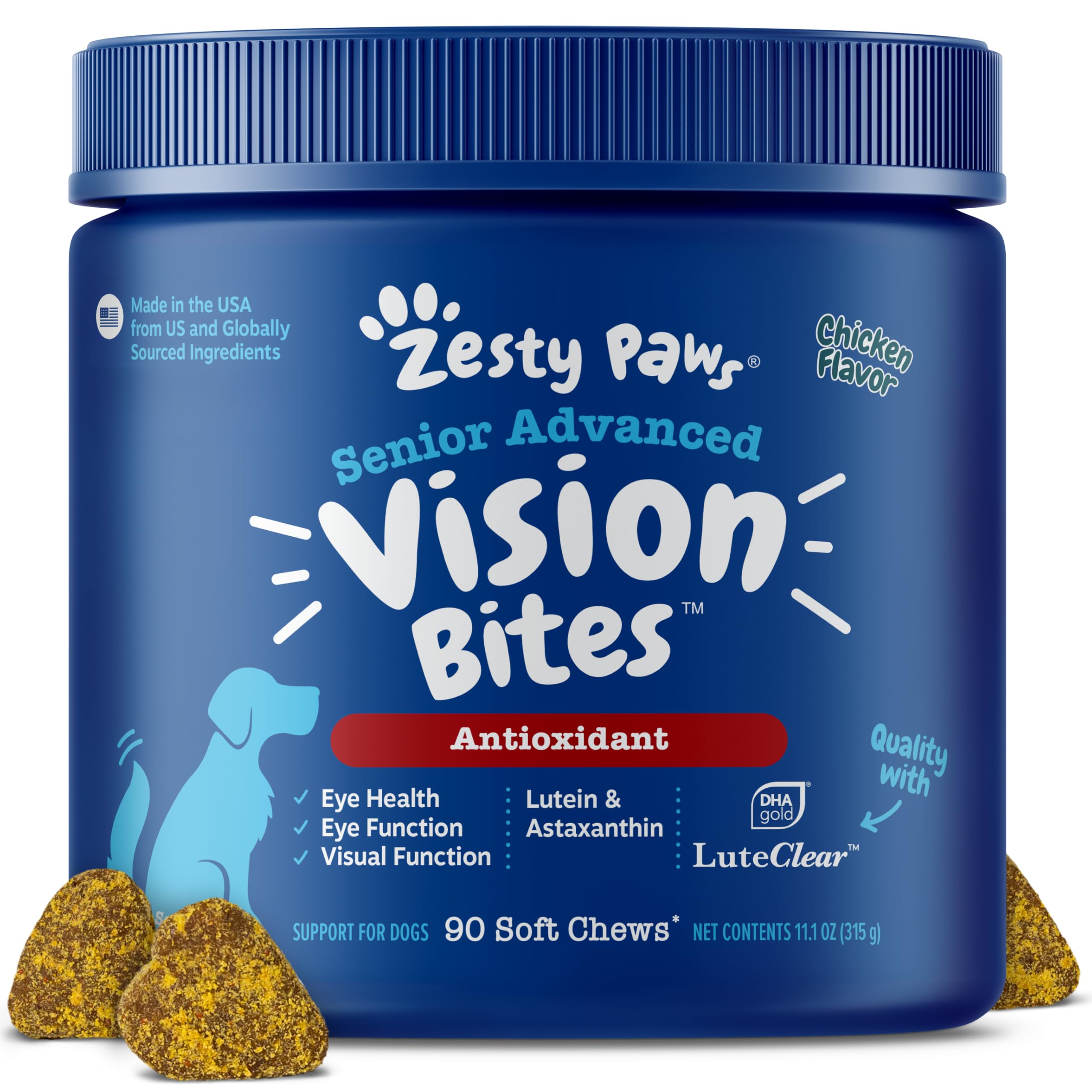 Zesty Paws Senior Vision Bites chews promote canine eye health and daily wellbeing.