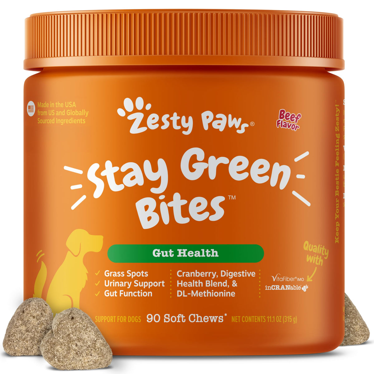 Zesty Paws Stay Green Bites pack-front showing beef-flavored soft chews for dogs