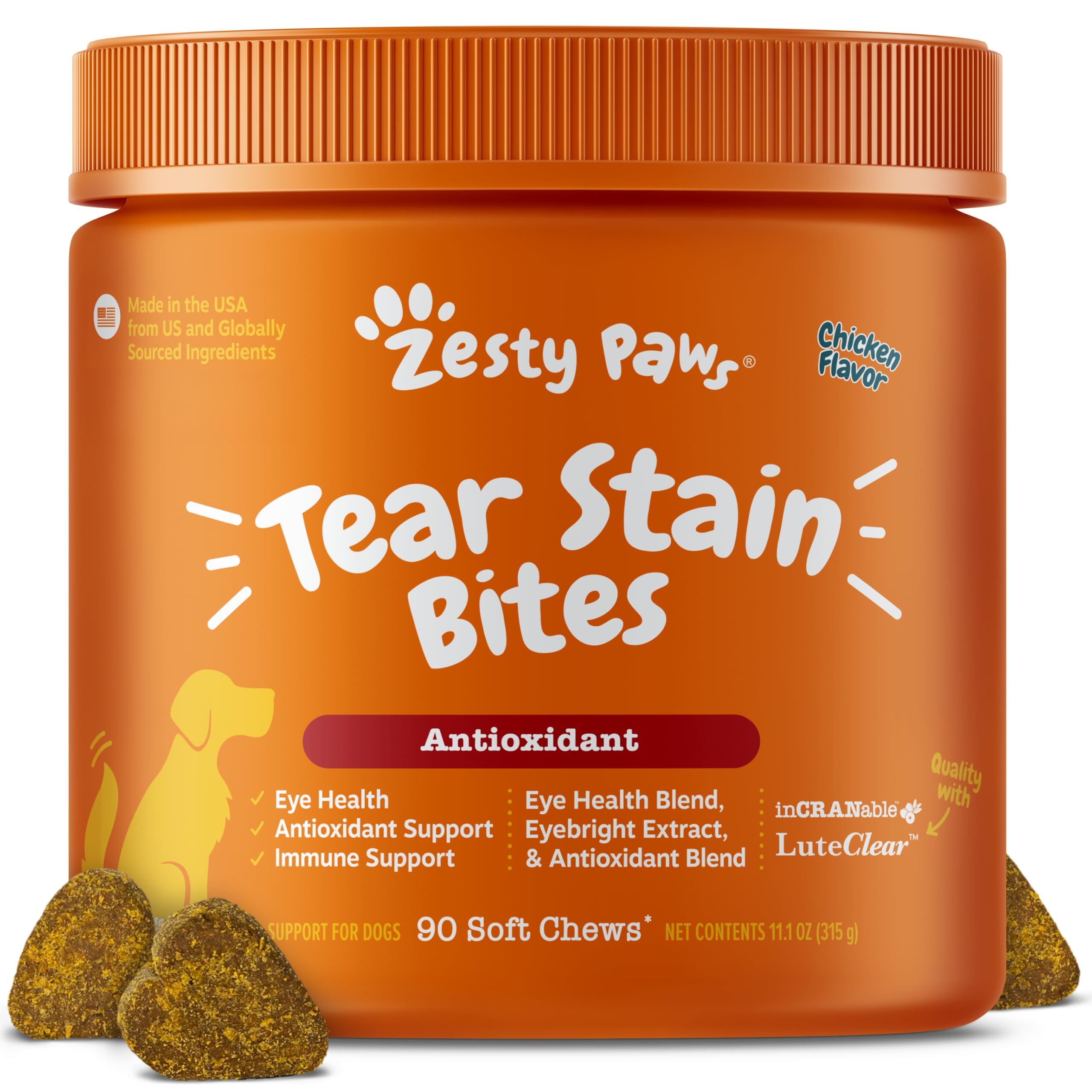 Zesty Paws Tear Stain Soft Chews bottle front showing palatable chicken flavor for eye moisture support