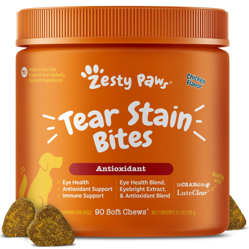 Zesty Paws Tear Stain Soft Chews bottle front showing palatable chicken flavor for eye moisture support