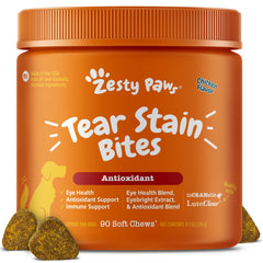 Zesty Paws Tear Stain Soft Chews bottle front showing palatable chicken flavor for eye moisture support