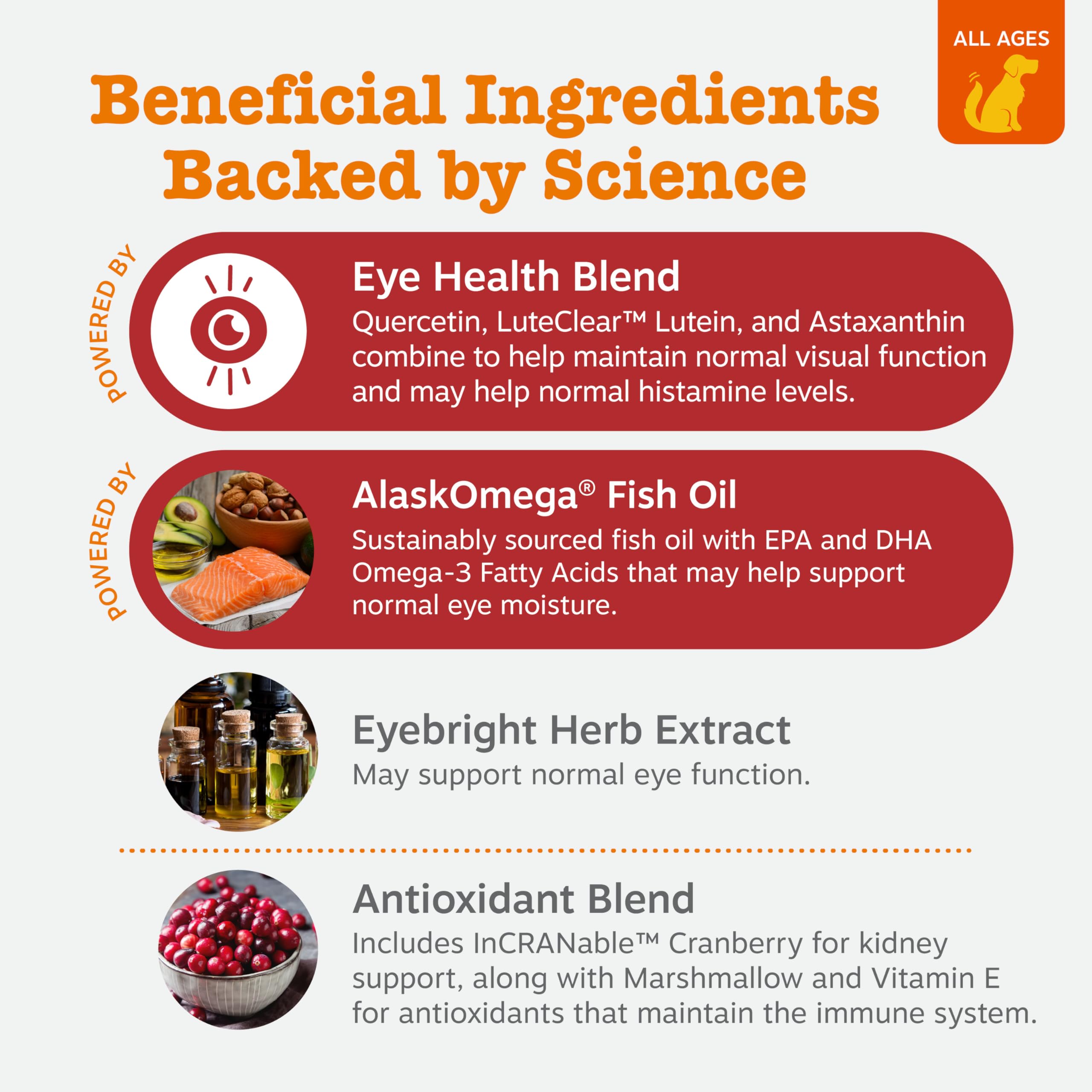 Close-up of chews with chicken flavor featuring quercetin and astaxanthin benefits