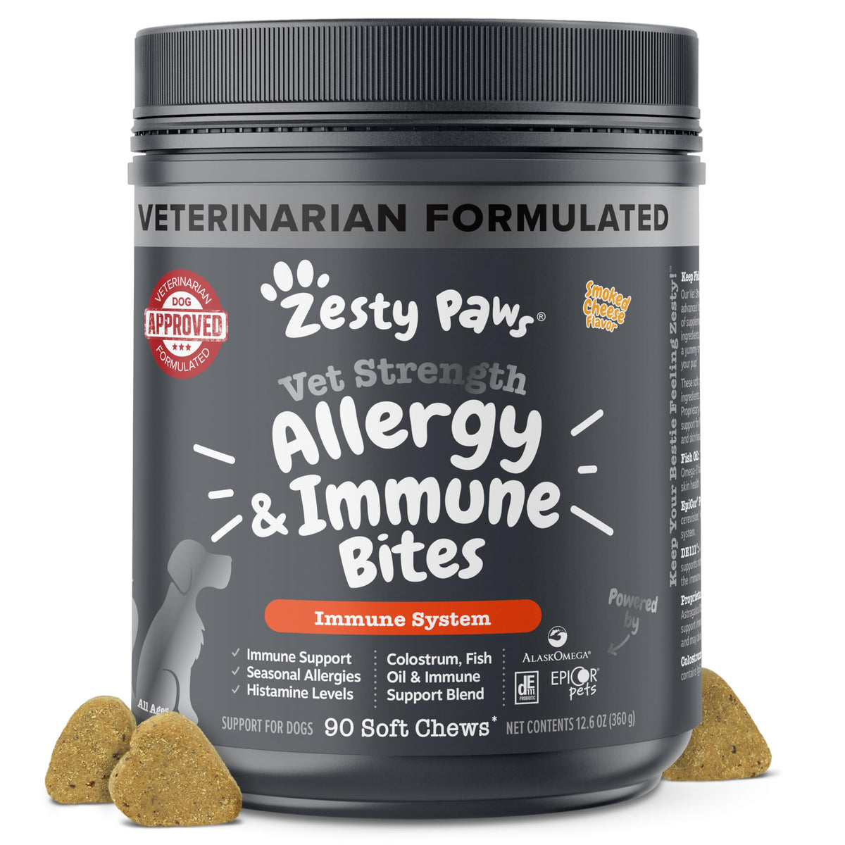 Zesty Paws Vet Strength allergy chews bottle supporting immune health.