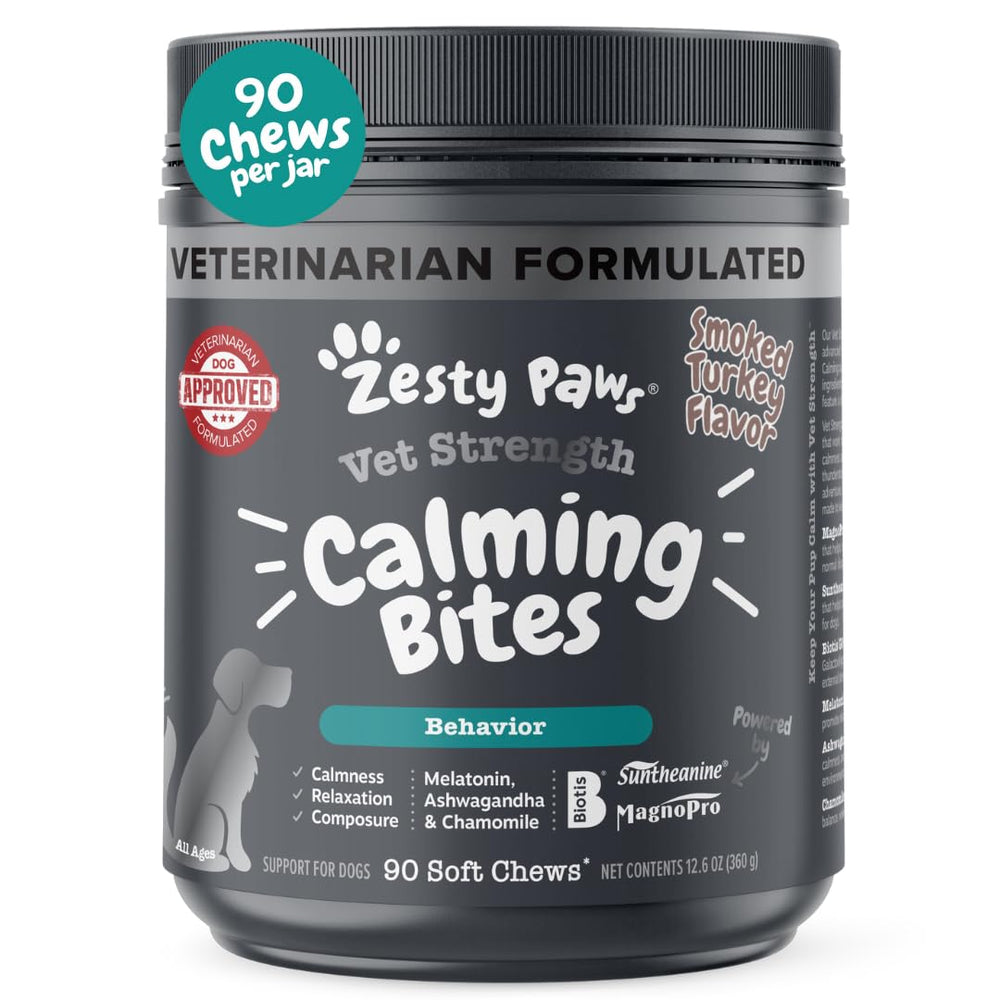 Zesty Paws Vet Strength calming chews in a jar promote gentle dog relaxation.