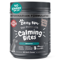 Zesty Paws Vet Strength calming chews in a jar promote gentle dog relaxation.