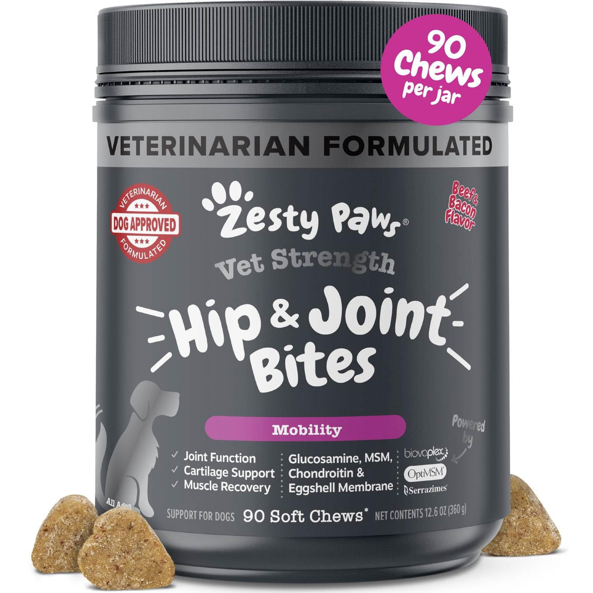 Zesty Paws Vet Strength Mobility Bites packaging highlighting beef-bacon flavor for daily joint support.