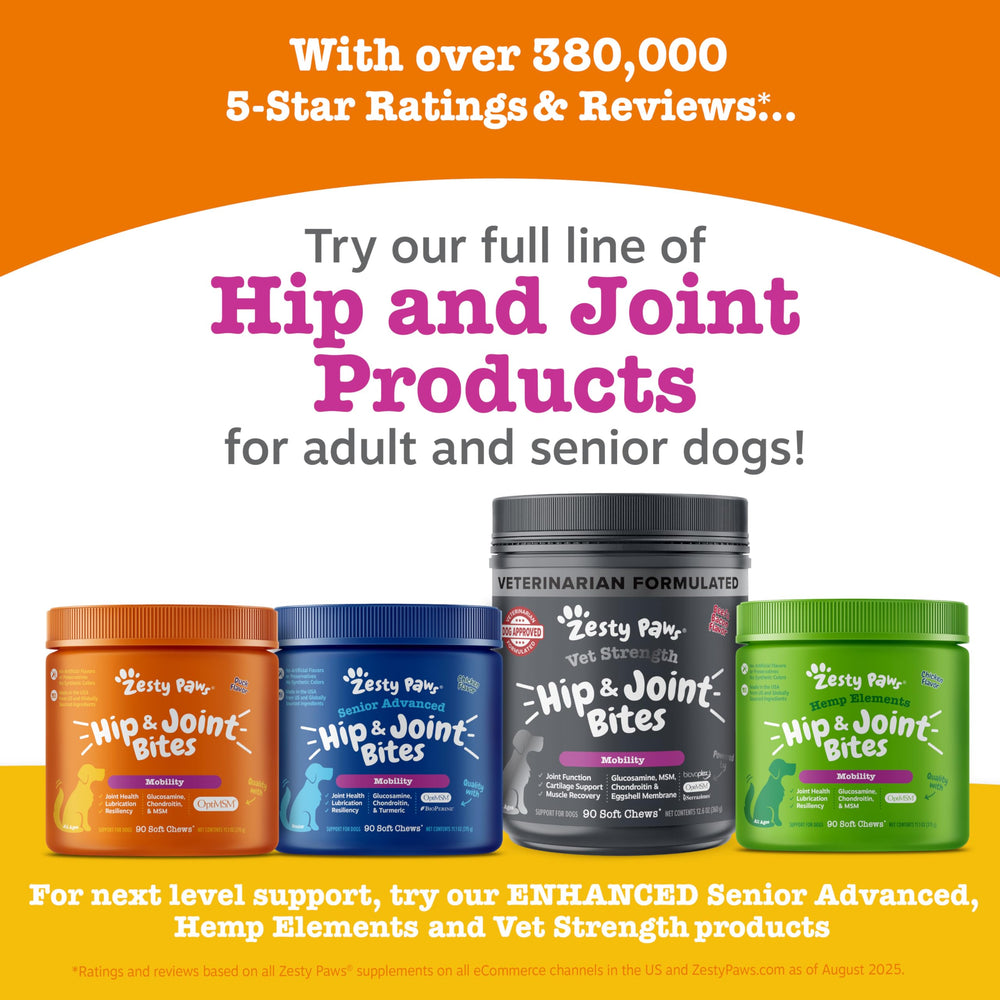 Zesty Paws Mobility Bites with hyaluronic acid for joint lubrication.