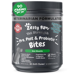 Zesty Paws Vet Strength Probiotics bottle front for daily digestion support