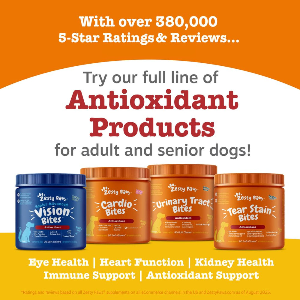 Zesty Paws Vitamin E and Folic Acid visuals suggest nutrient support