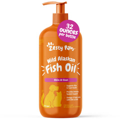 Zesty Paws Wild Alaskan Fish Oil bottle pour showing easy dosing for pets