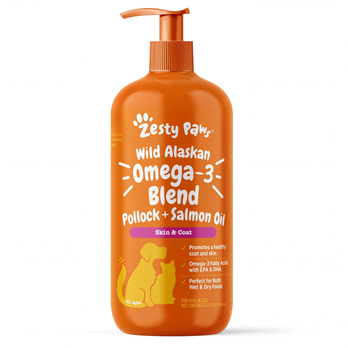 Zesty Paws Wild Alaskan Omega-3 Blend bottle pour supports skin and coat.