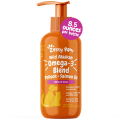 Zesty Paws Wild Alaskan Omega-3 bottle pour boosts dogs' coat shine.