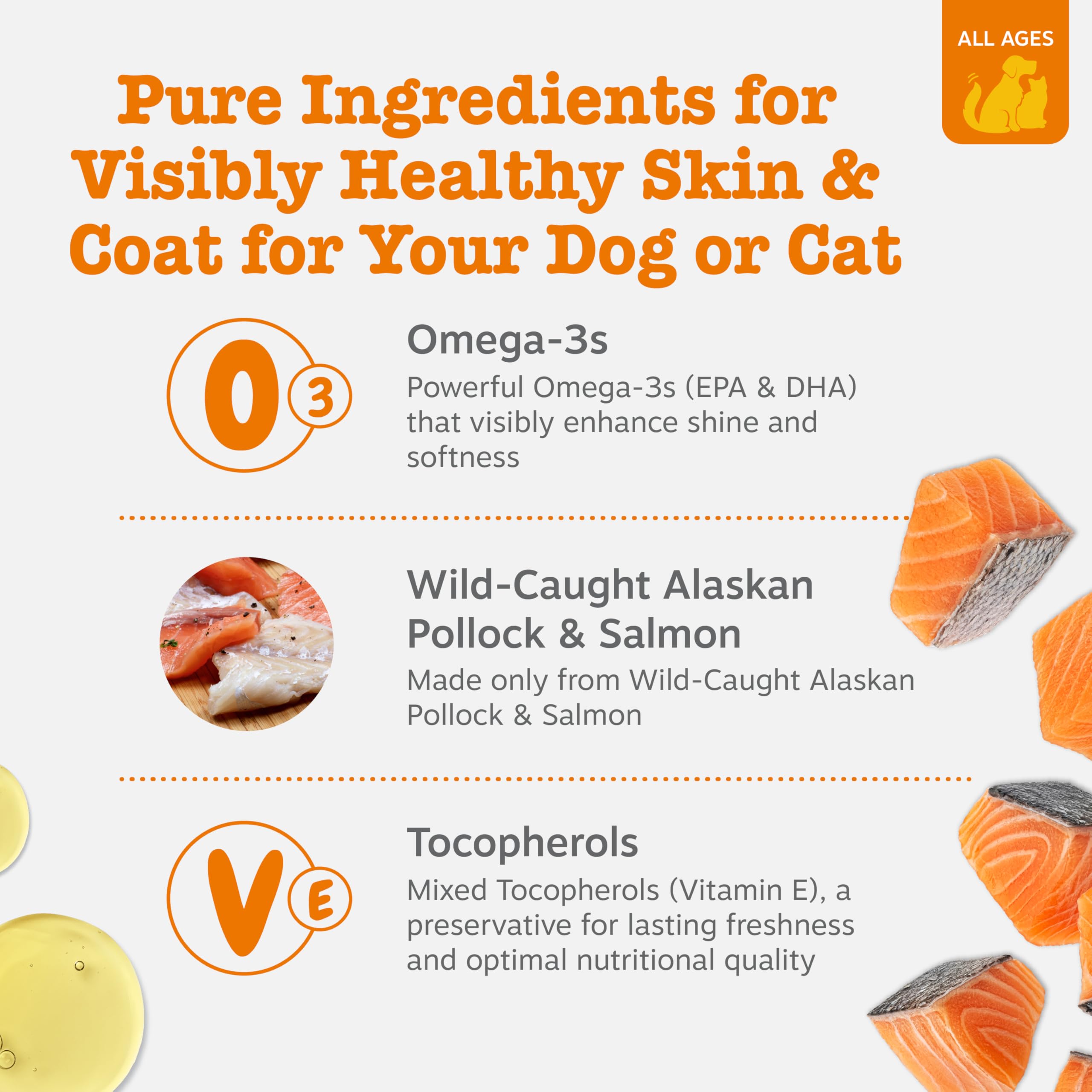 Zesty Paws omega-3 close-up promoting a glossy coat in pets.