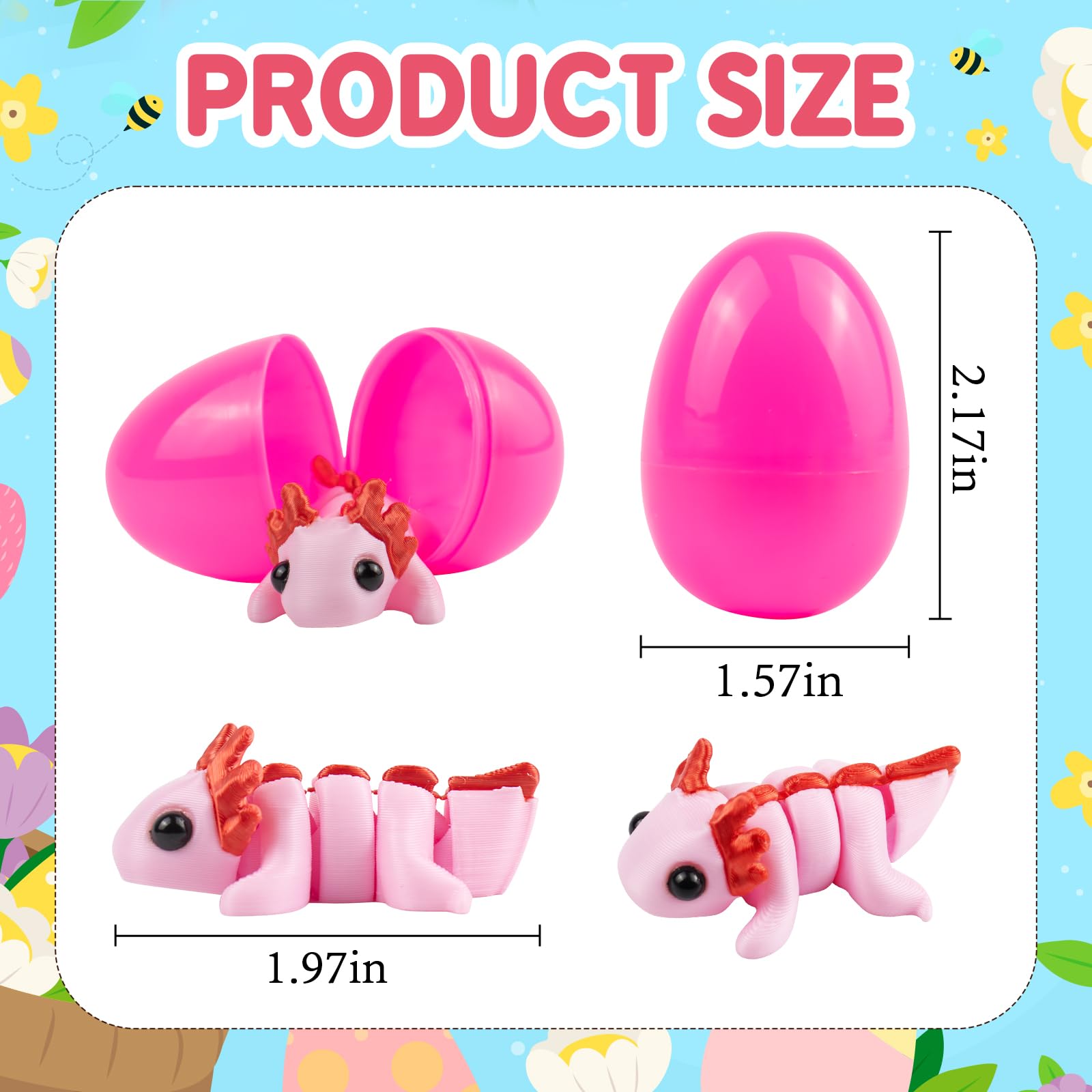 Close-up of Zesua 3D-printed axolotl toys in bright, appealing colors.
