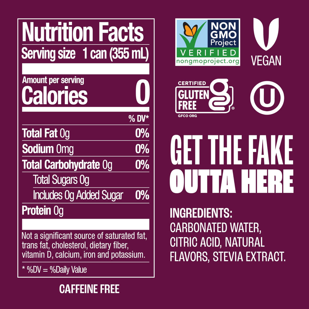 Zevia Black Cherry can back panel with ingredients and verifications.