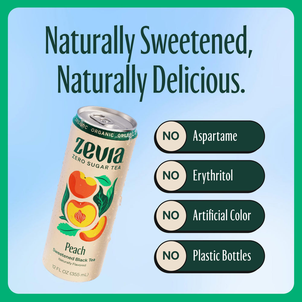 Zevia Black Tea Peach 12-pack cans on display in store