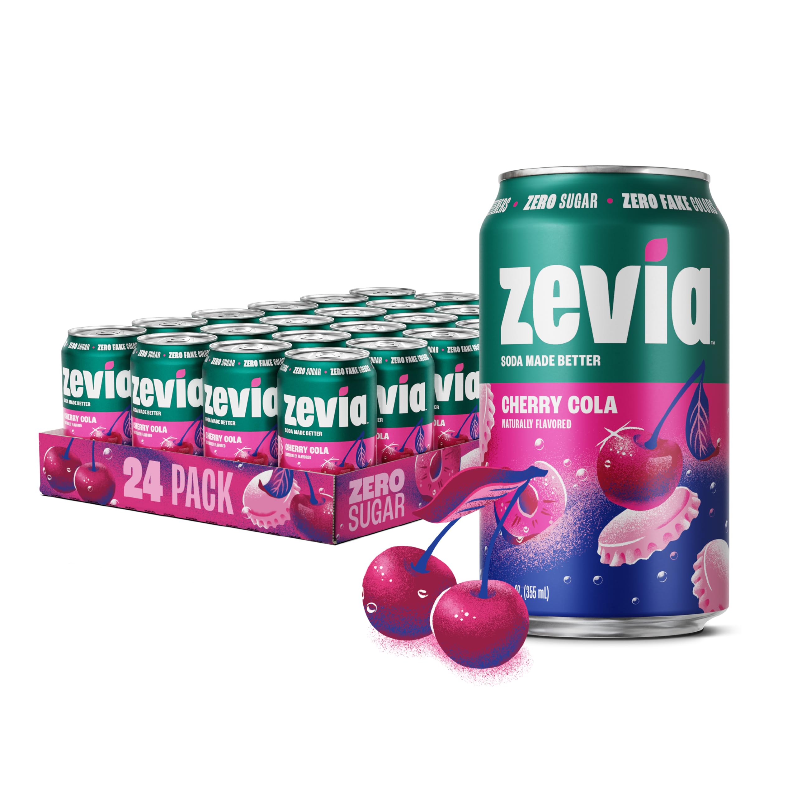 Zevia Cherry Cola can front showing zero sugar and zero calories for a refreshing choice.