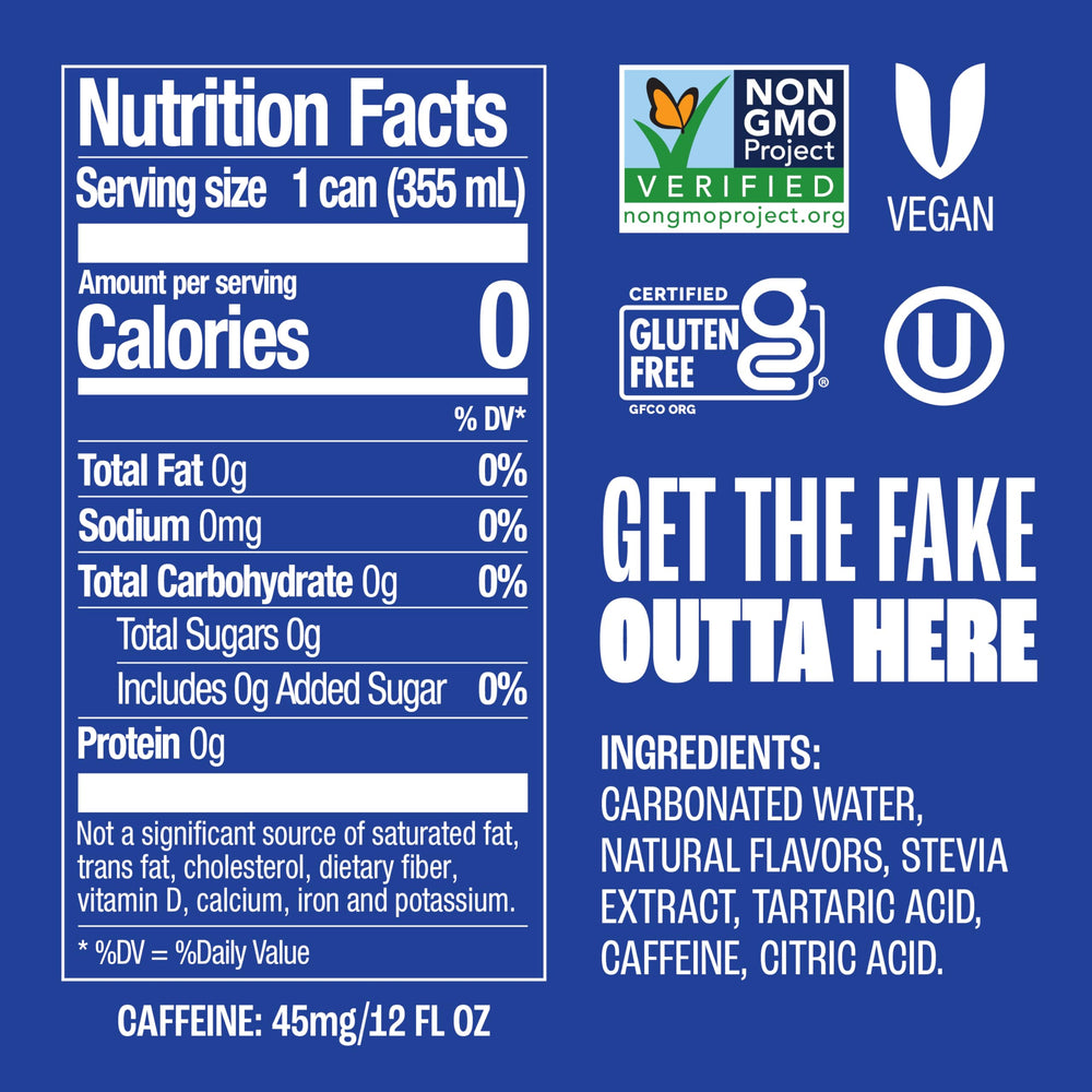 Zevia Cola can label close-up showing zero calories and natural sweetness