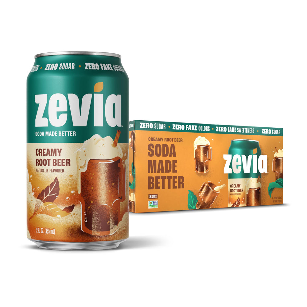 Zevia Creamy Root Beer can shown for a zero sugar, full-flavor sip