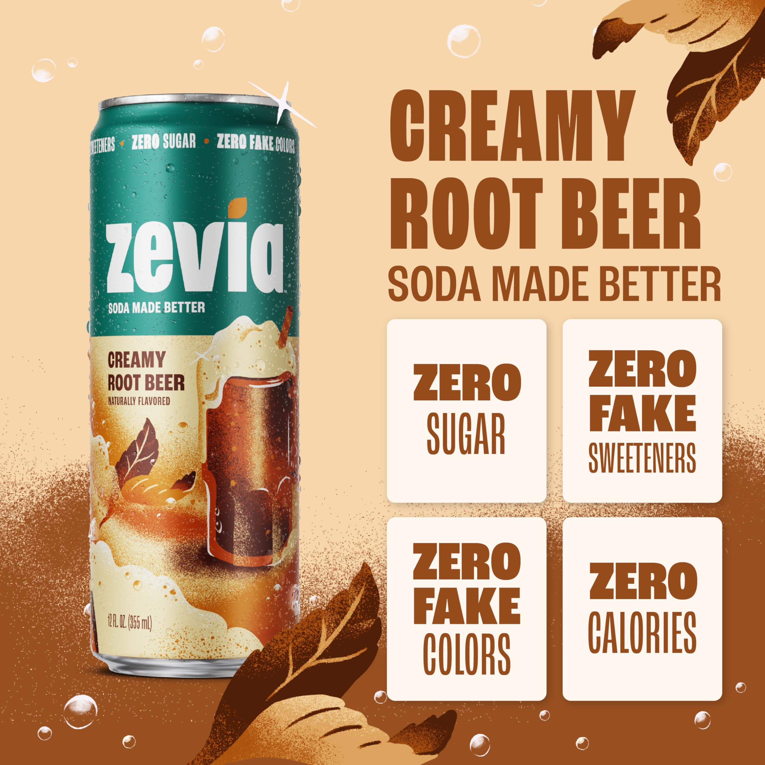Close-up of Zevia Creamy Root Beer creamy foam, smooth texture.