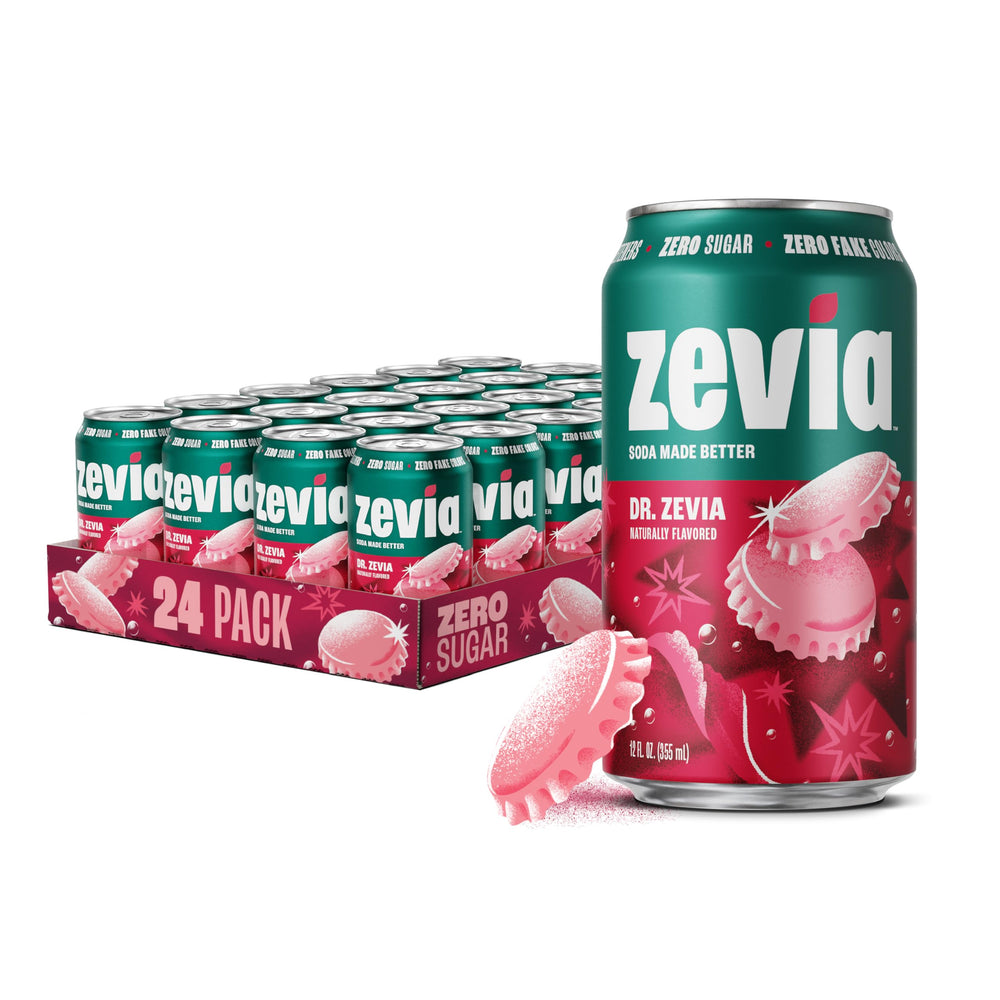 Zevia Dr Zevia can front, naturally sweetened with zero sugar and calories.