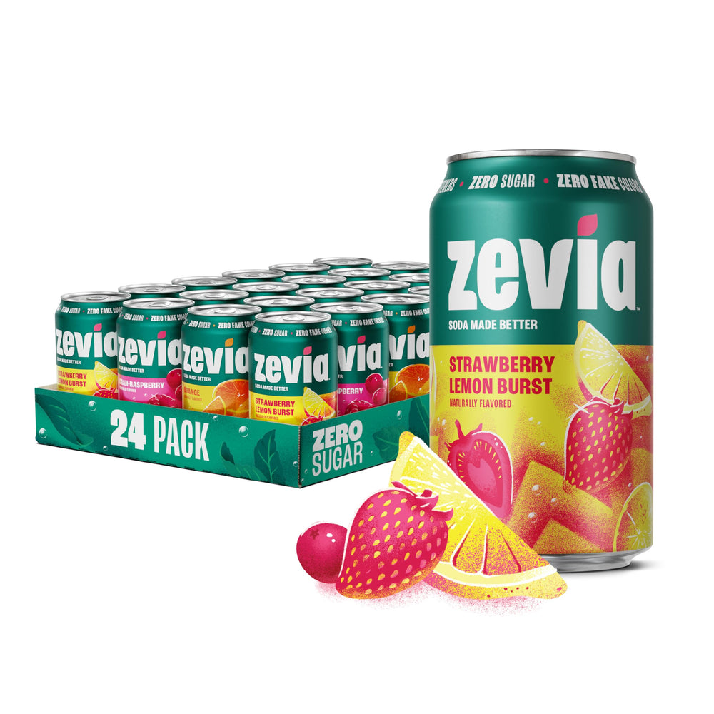 Zevia Fruity Variety Pack front can displays three zero-sugar flavors