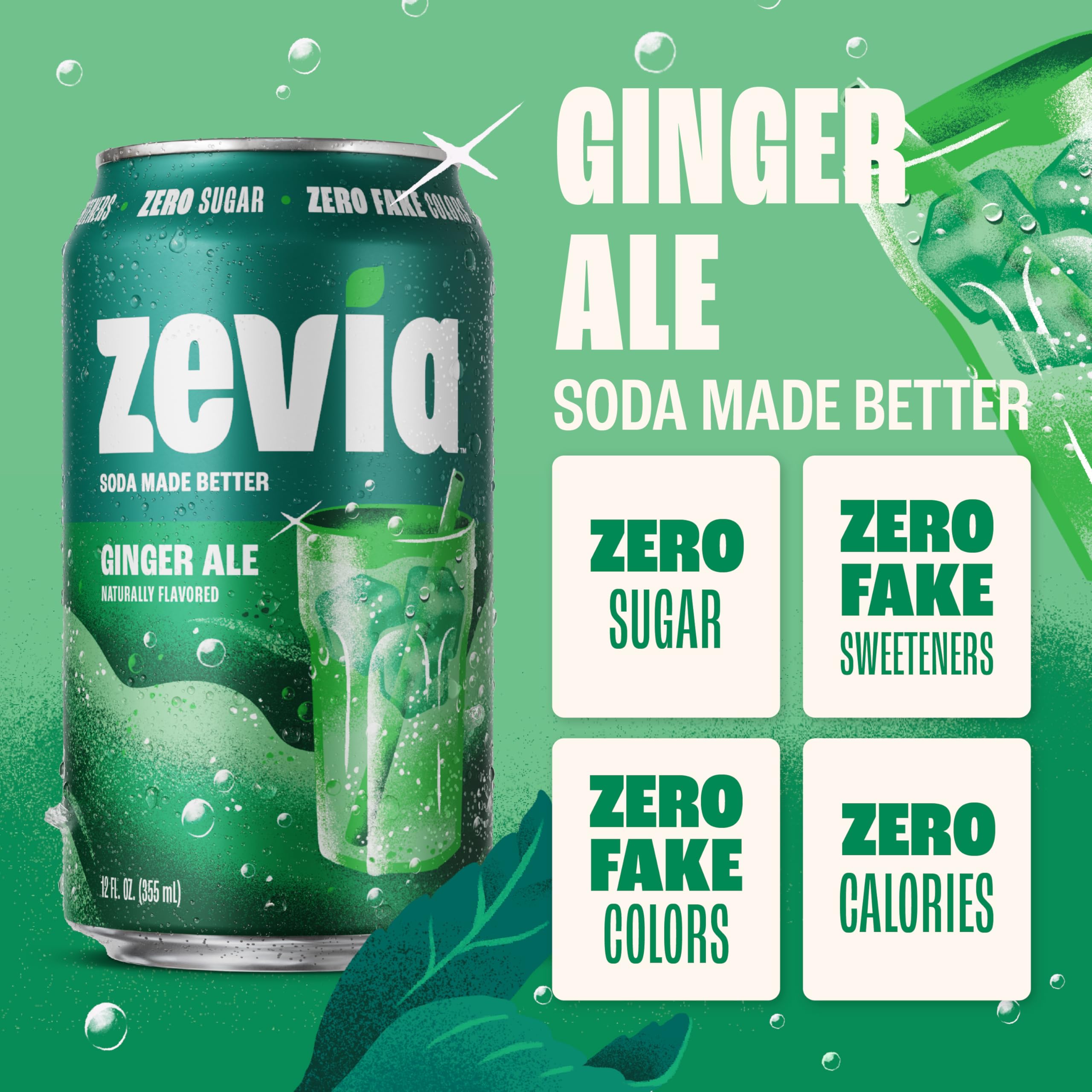 Zevia Ginger Ale bottle side angle highlighting clean, plant-based ingredients.