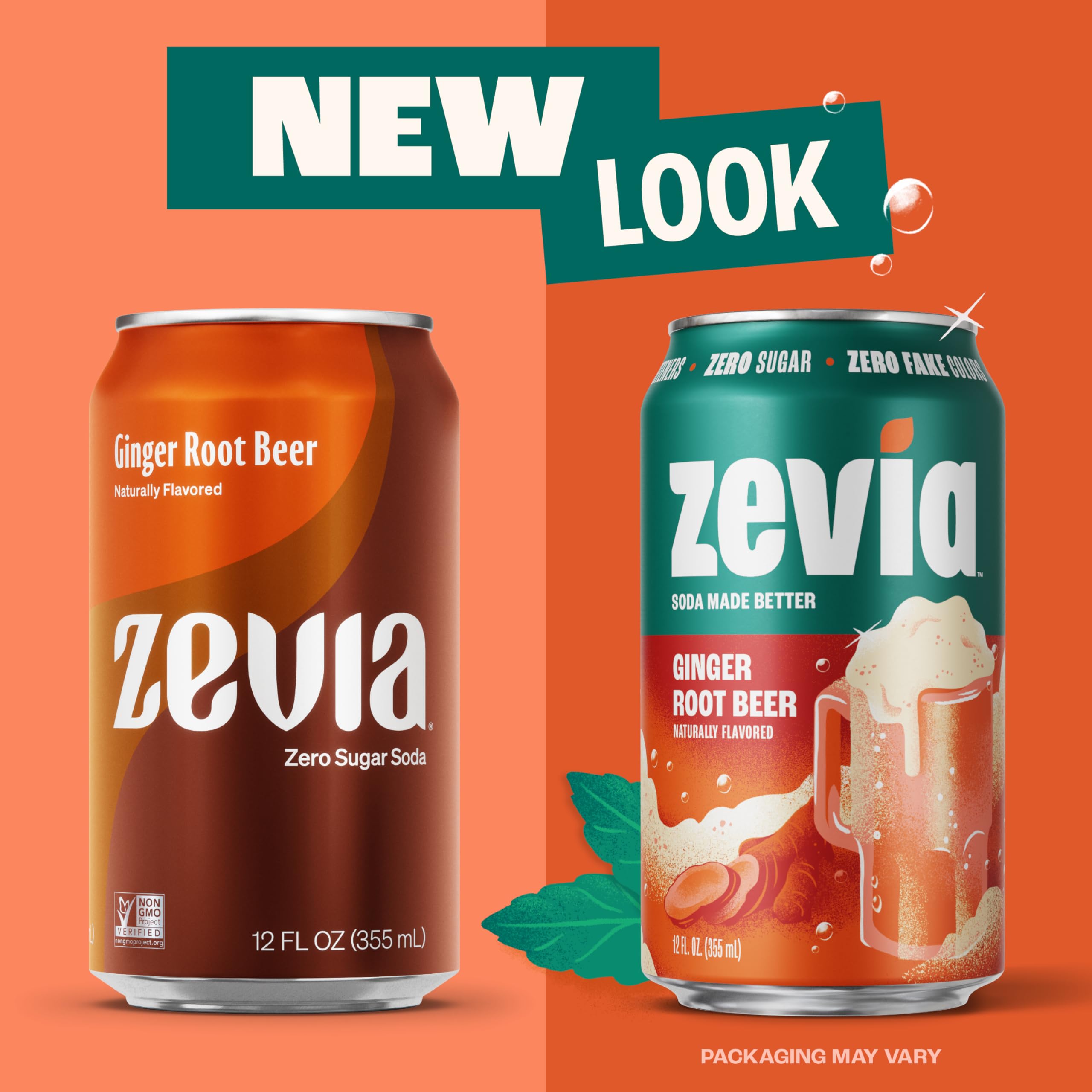 Front-label view of Zevia Ginger Root Beer highlighting Non-GMO, Gluten-Free, Vegan.