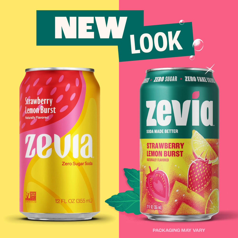 Chilled Zevia can beside glass, ready to enjoy with ice