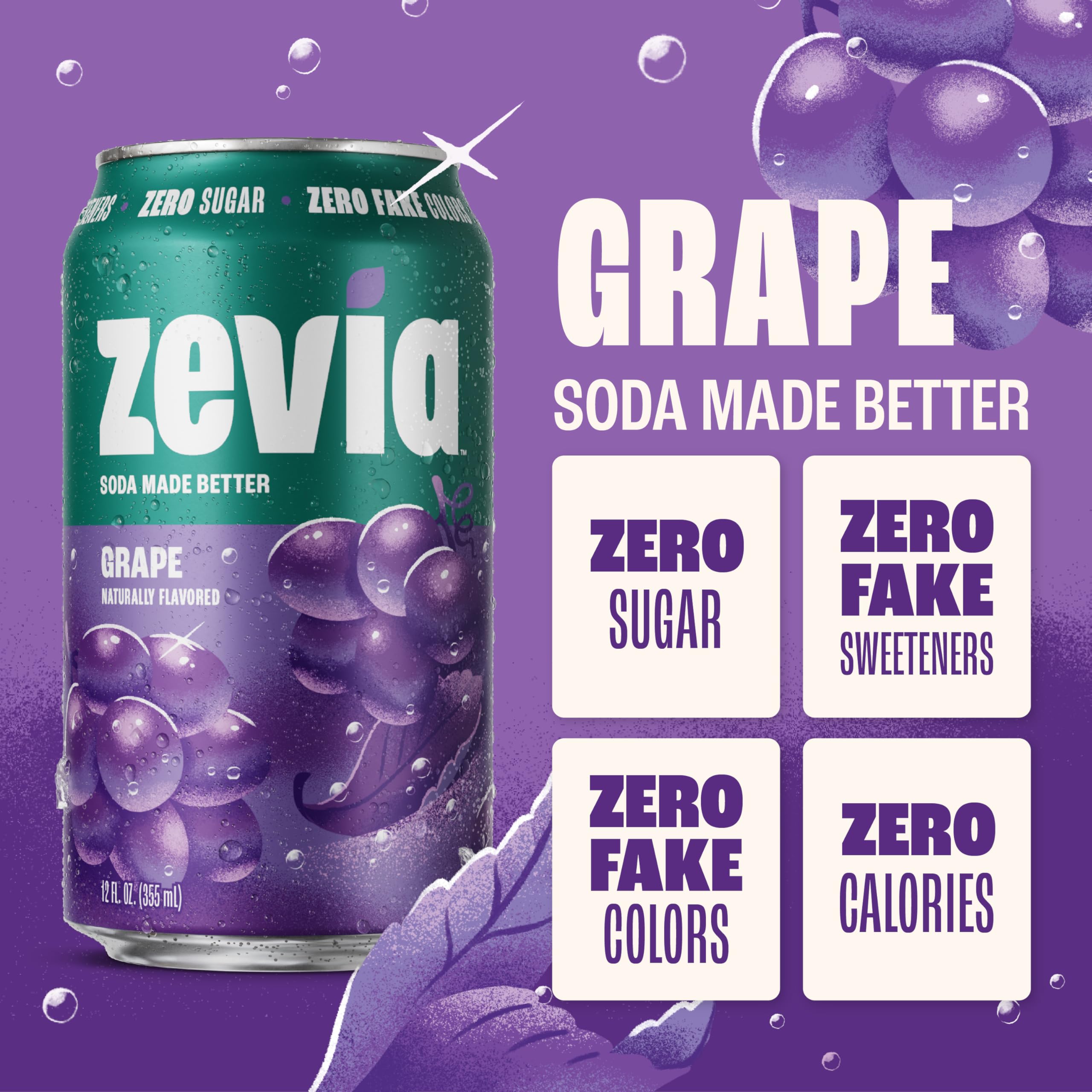 Zevia grape soda being poured into a glass, highlighting vibrant aroma.