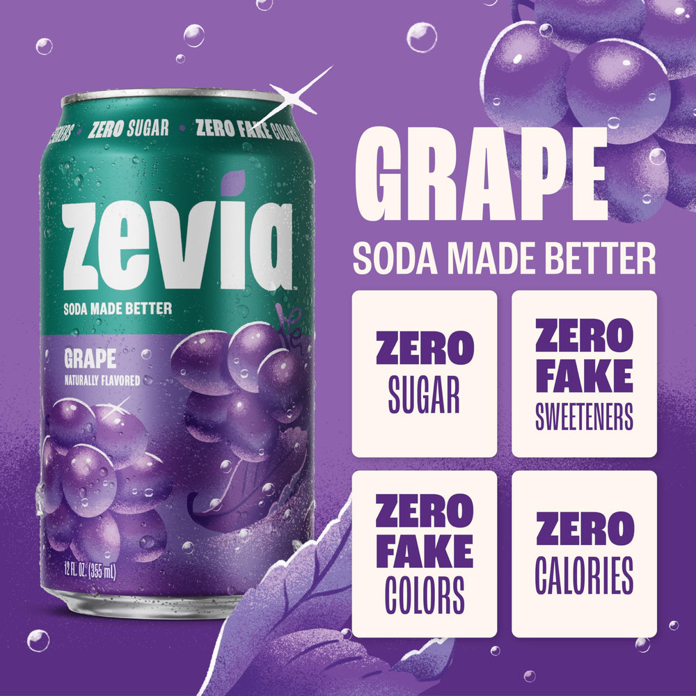 Zevia grape soda being poured into a glass, highlighting vibrant aroma.