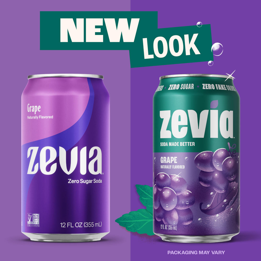 Zevia Grape Soda can with non-GMO seal and color-free ingredients.