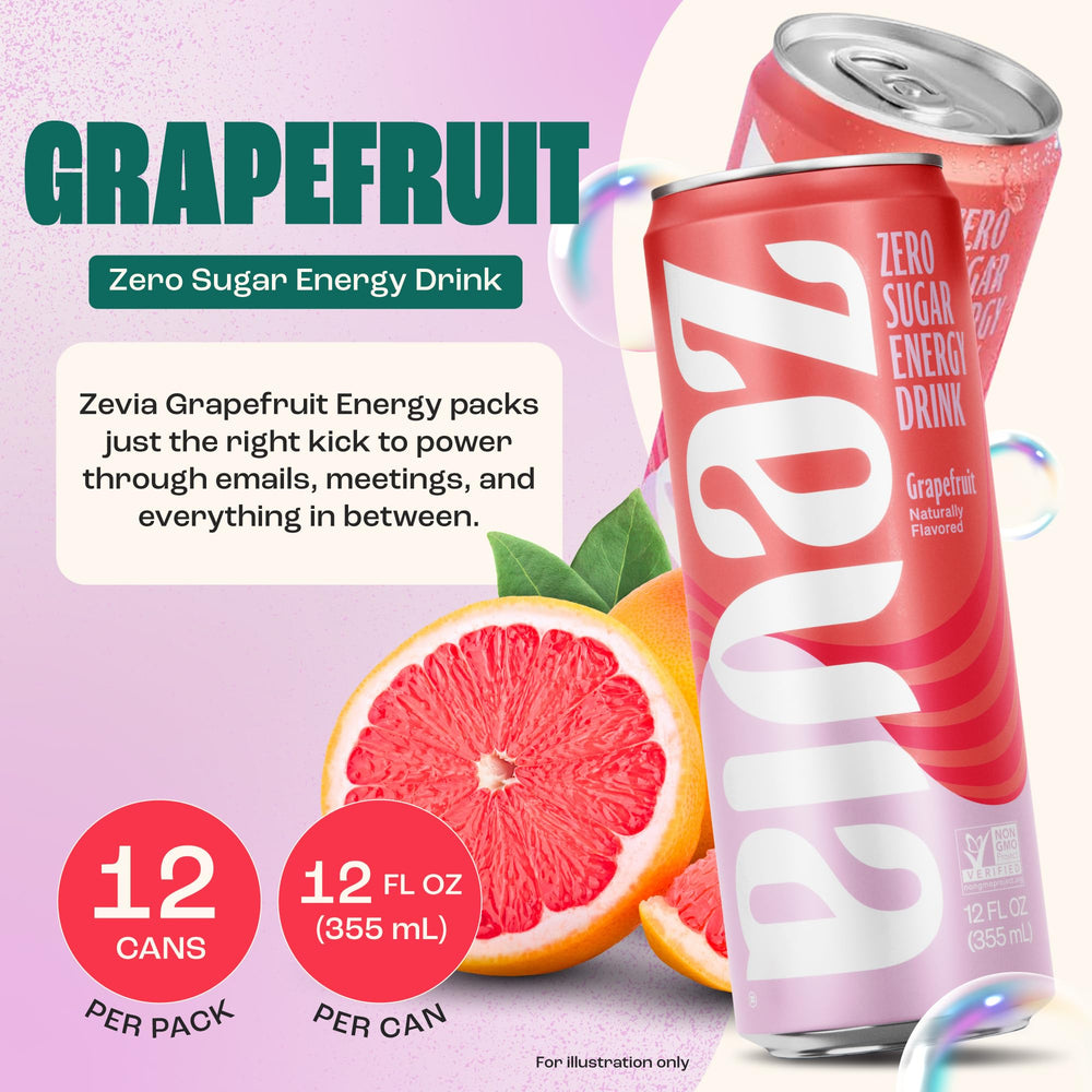 Zevia Grapefruit Energy can side view showing clean ingredients and zero calories