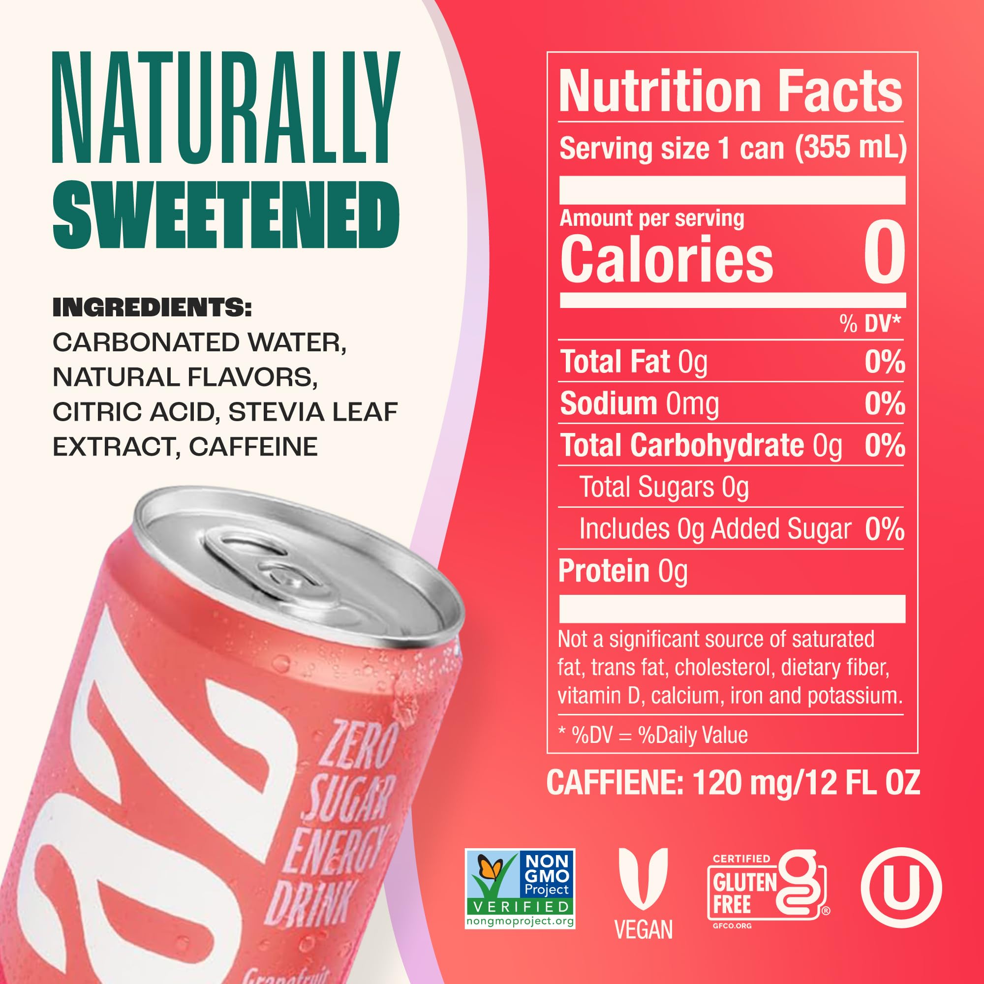 Zevia Grapefruit Energy ingredients label emphasizing stevia-sweetened flavor