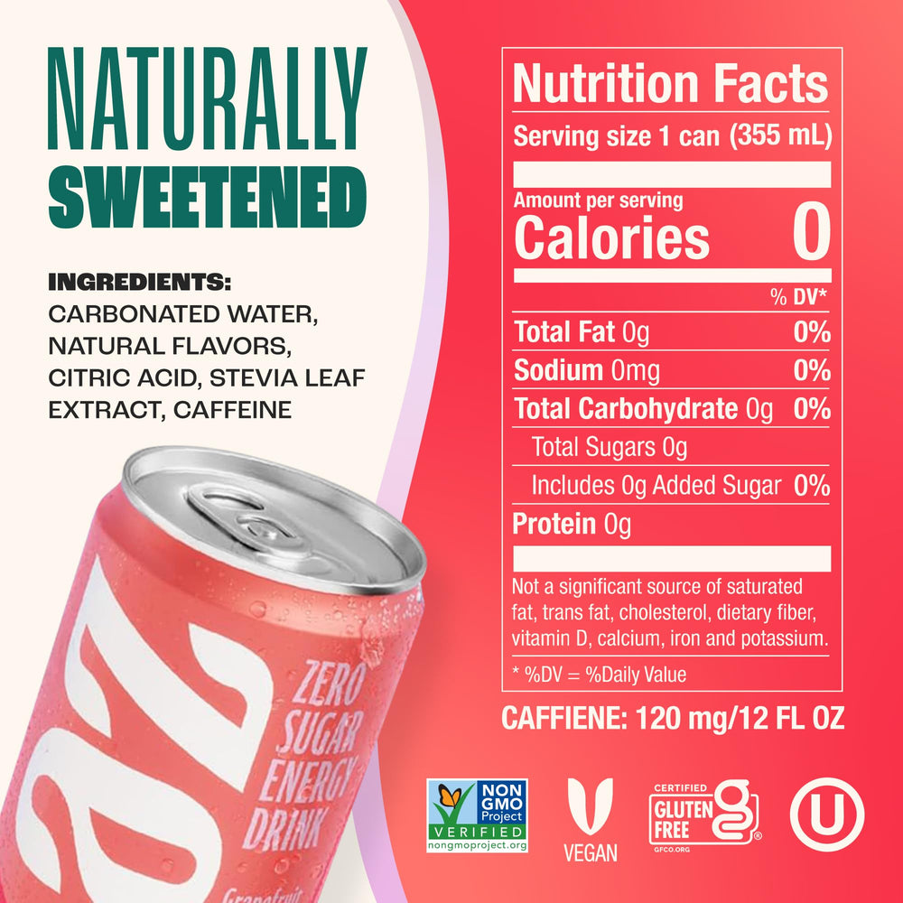 Zevia Grapefruit Energy ingredients label emphasizing stevia-sweetened flavor