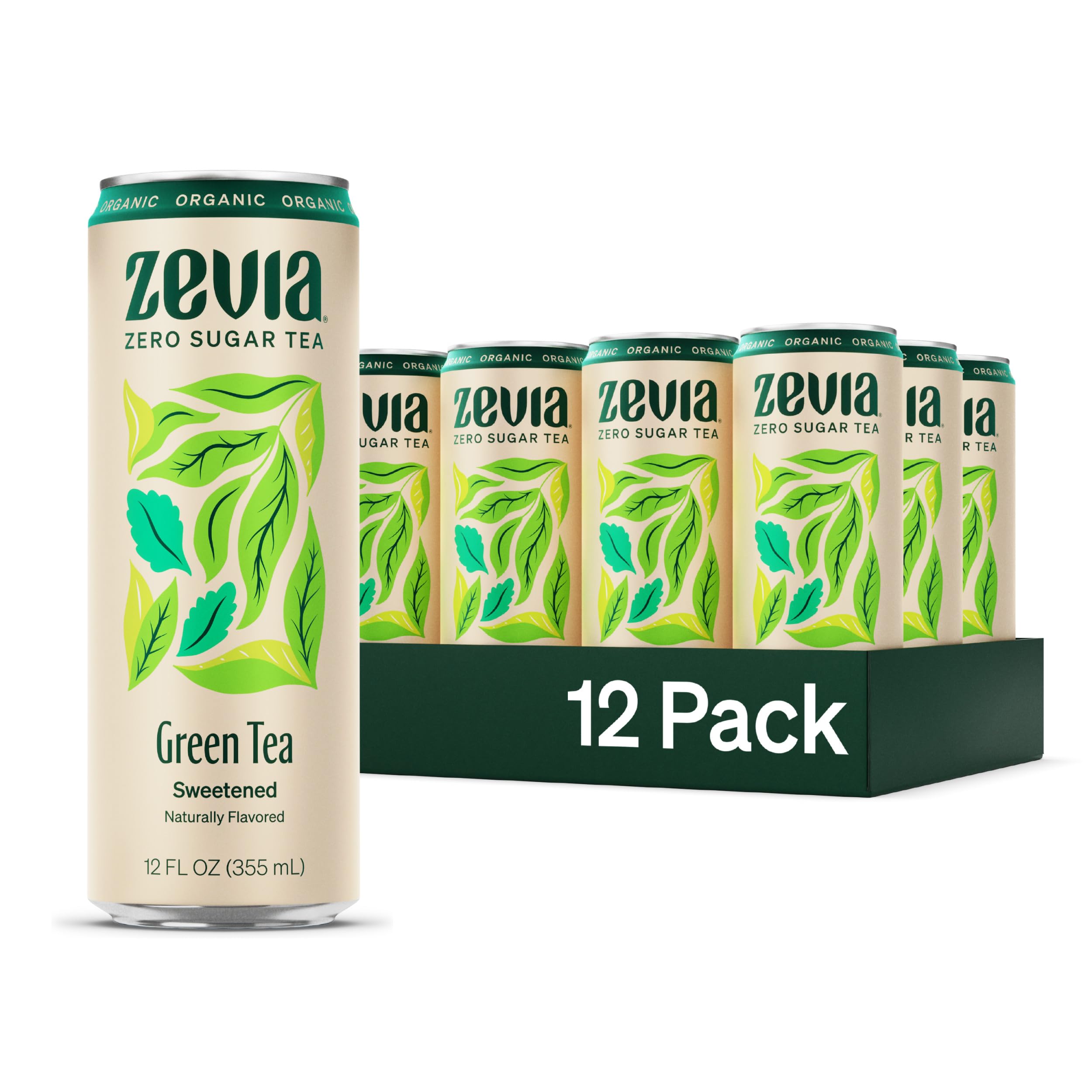Zevia Green Tea 12oz can, front view, naturally sweetened and zero calories.