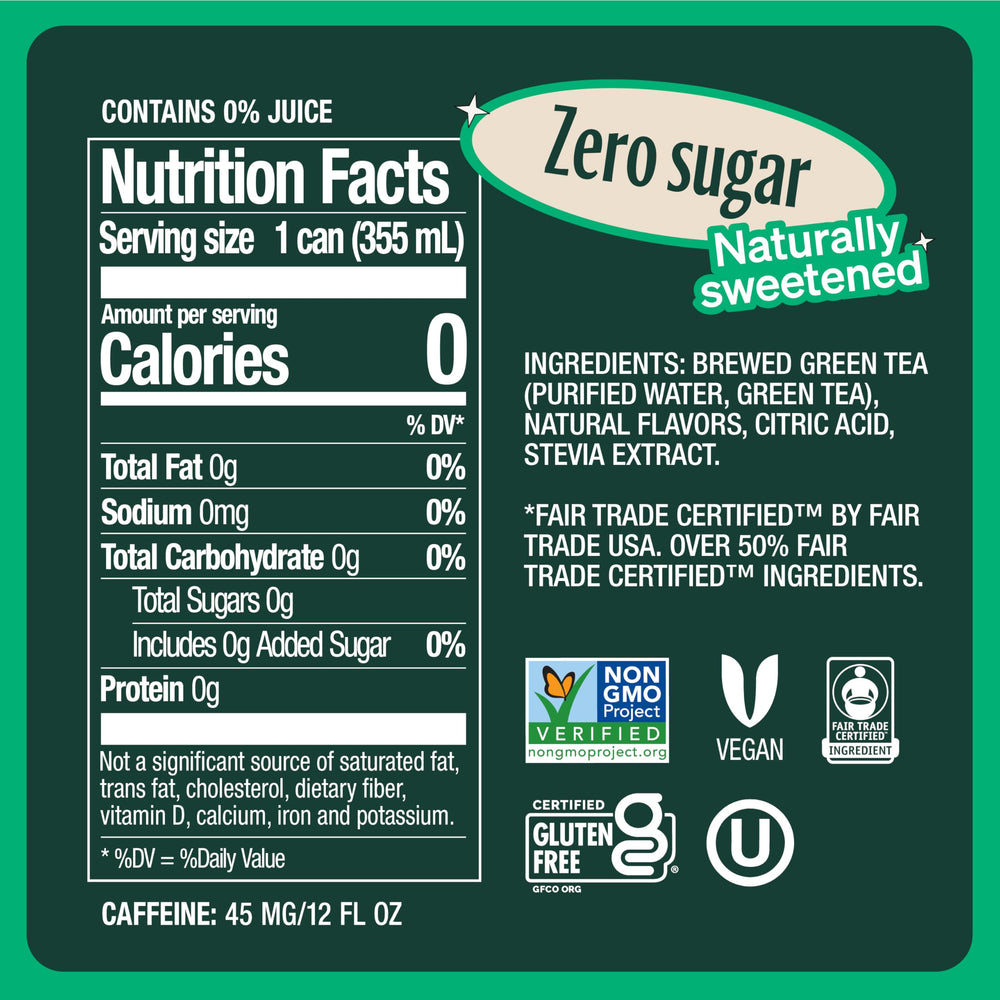Zevia Green Tea 12-pack display, convenient zero sugar option.
