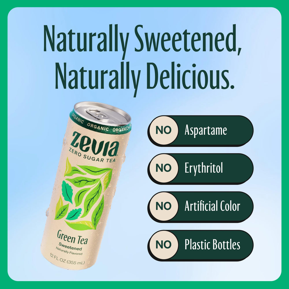 Zevia Green Tea label shows Non-GMO, Gluten-Free, and Vegan certifications.