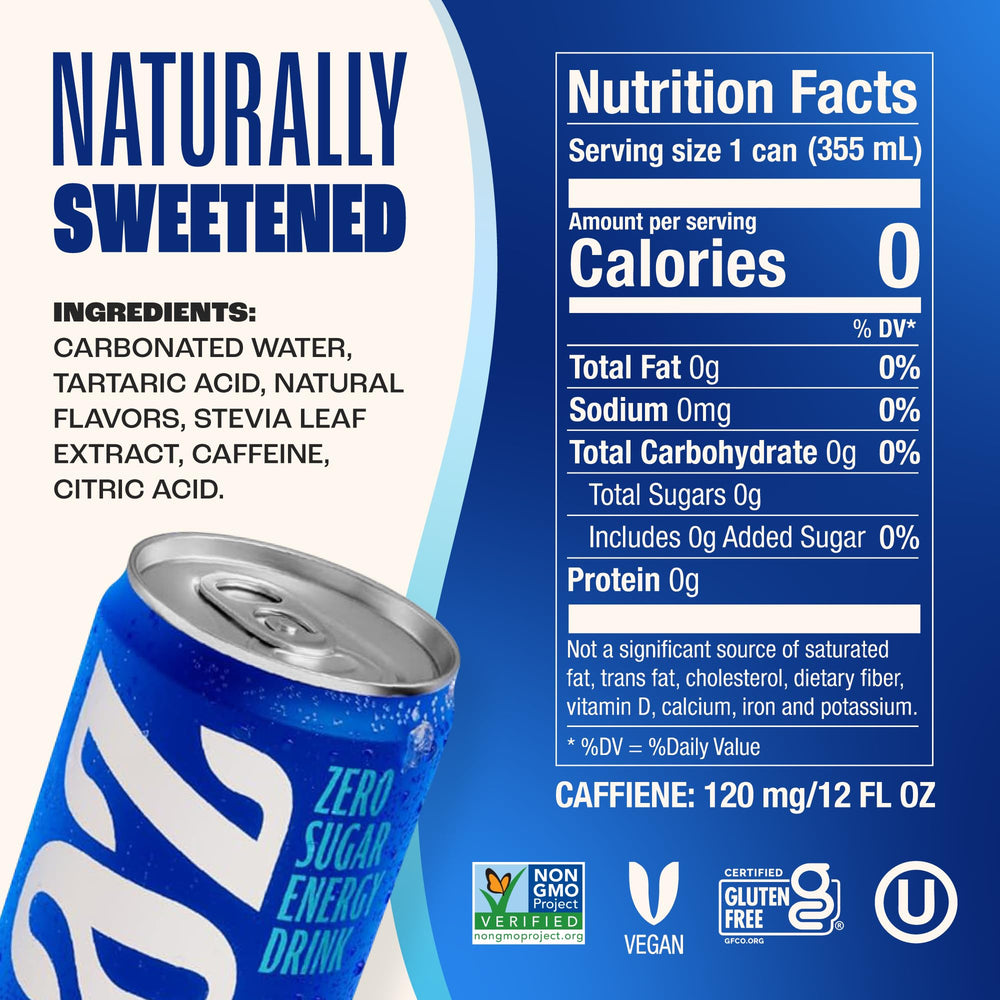 Zevia Kola Energy can back displays Non-GMO, gluten-free, vegan certifications.