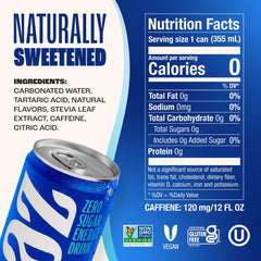 Zevia Kola Energy can back displays Non-GMO, gluten-free, vegan certifications.