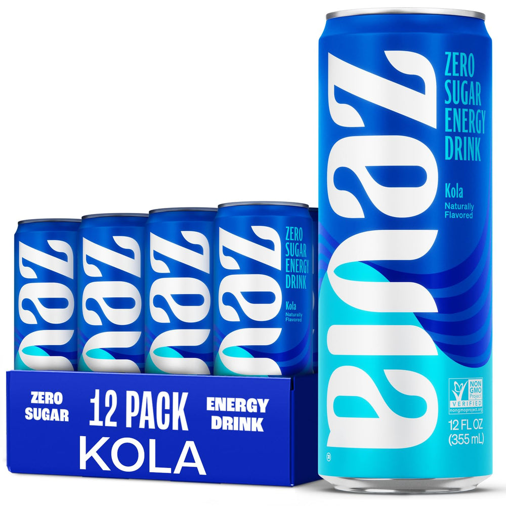 Zevia Kola Energy can front view shows natural sweetness and caffeine.
