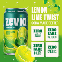 Zevia Lemon Lime Twist bottle with glass highlights refreshing citrus on ice.